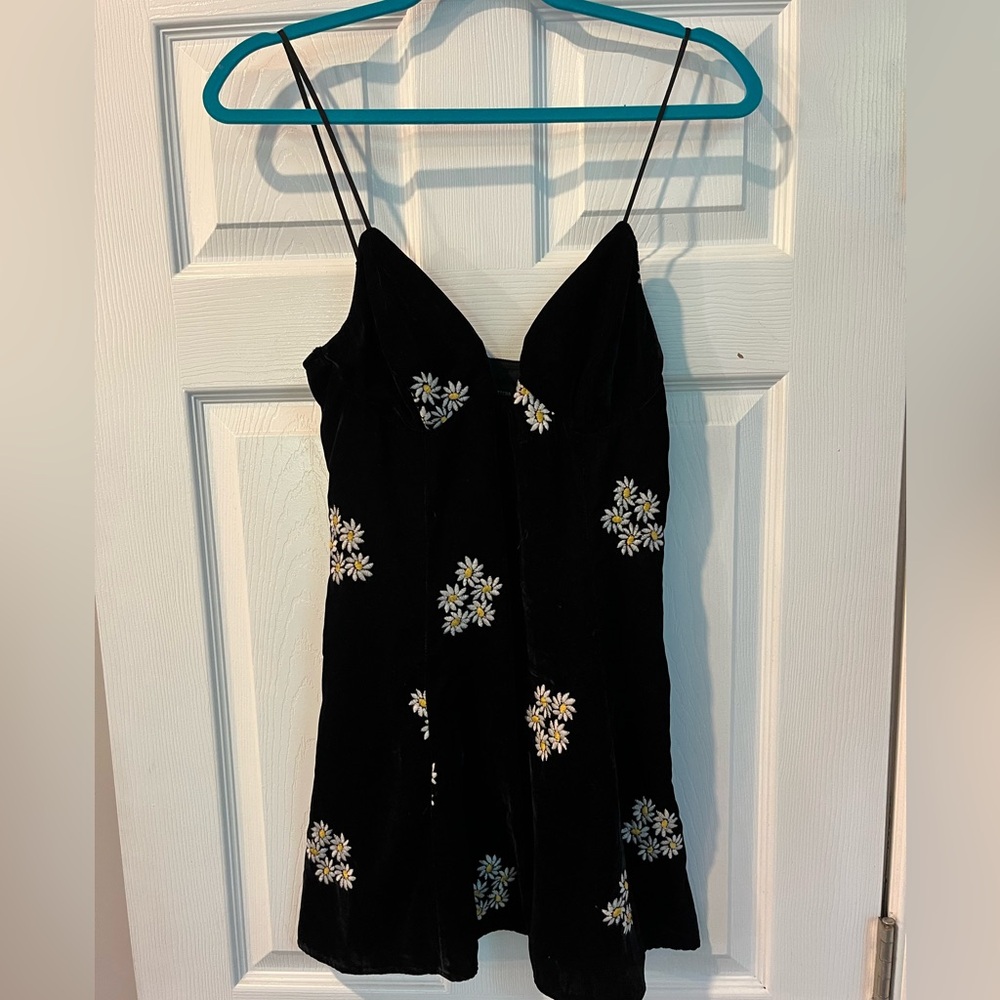 Urban Outfitters Black Velvet Dress with White and Yellow Floral Embroidery